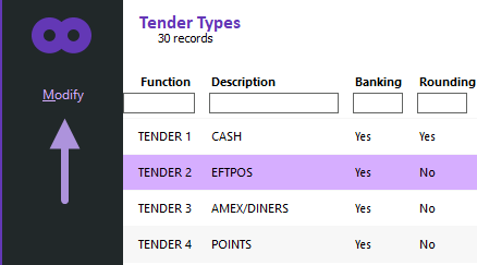 Tender Types list showing the Modify option